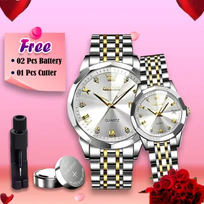 Butter  Fly Lock Olievs  Stainless Steel fashionable  Couple watches +1pcs chain cutter+ 2 pcs battery ( Silver)