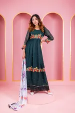 Georgette Embroidered Party Gown Set, Free Size to 48 Inch, 6 Colours