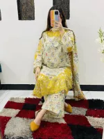 Women's Pure Cotton Embroidered Three Piece, 6 Colours