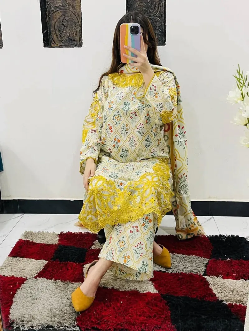 Women's Pure Cotton Embroidered Three Piece, 6 Colours