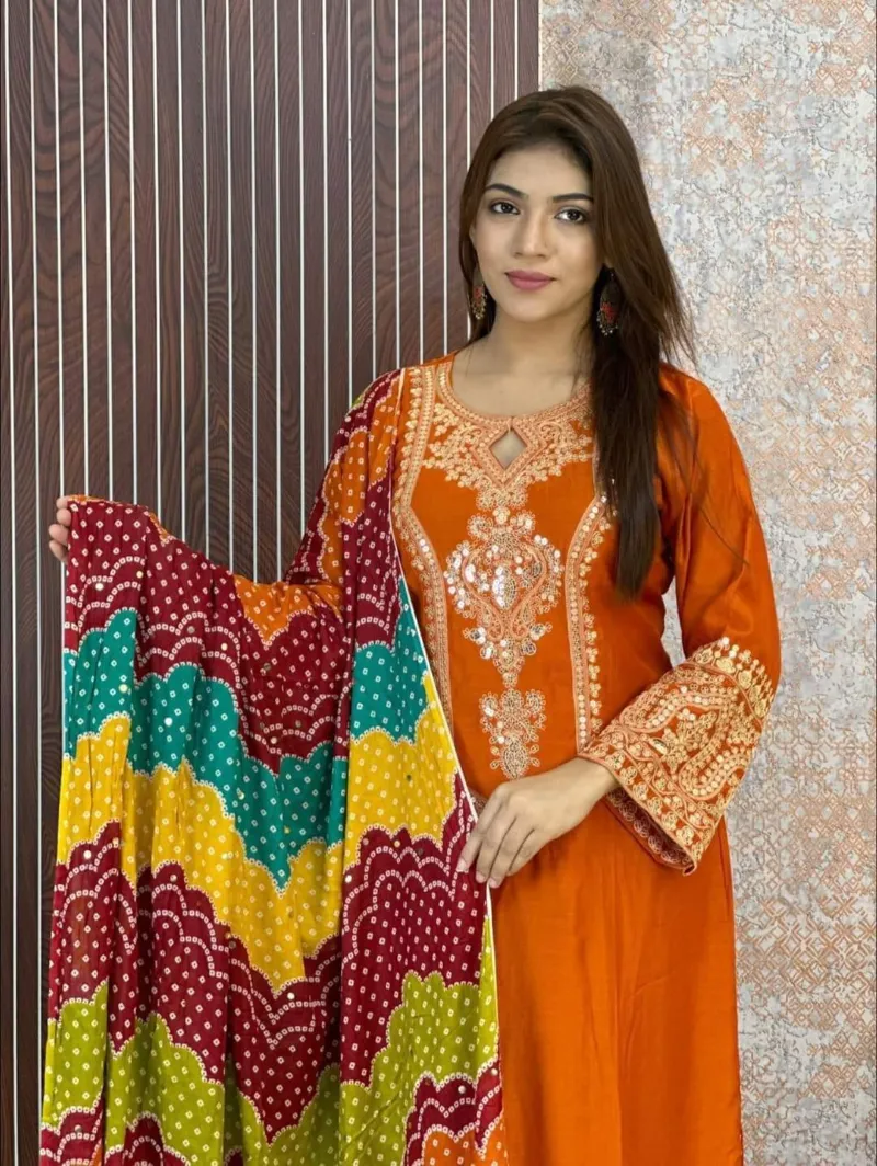 Linen Sequin Embroidery Three Piece with Butter Silk Salwar
