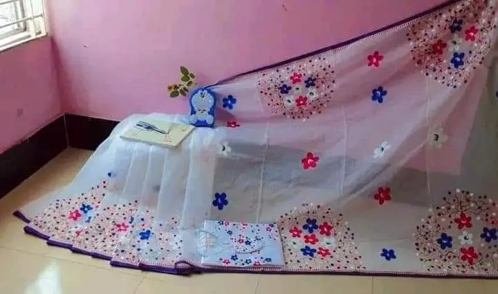 Hand Print Couple Set, Half Silk Dhupian Saree and Panjabi