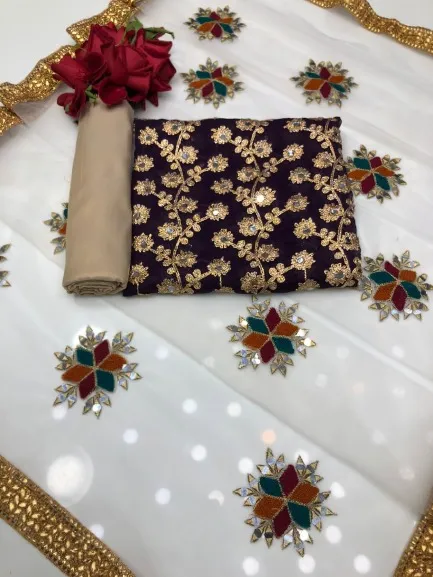 Semi-Stitched Georgette Embroidery Three Piece, Up to 52, 5 Colours
