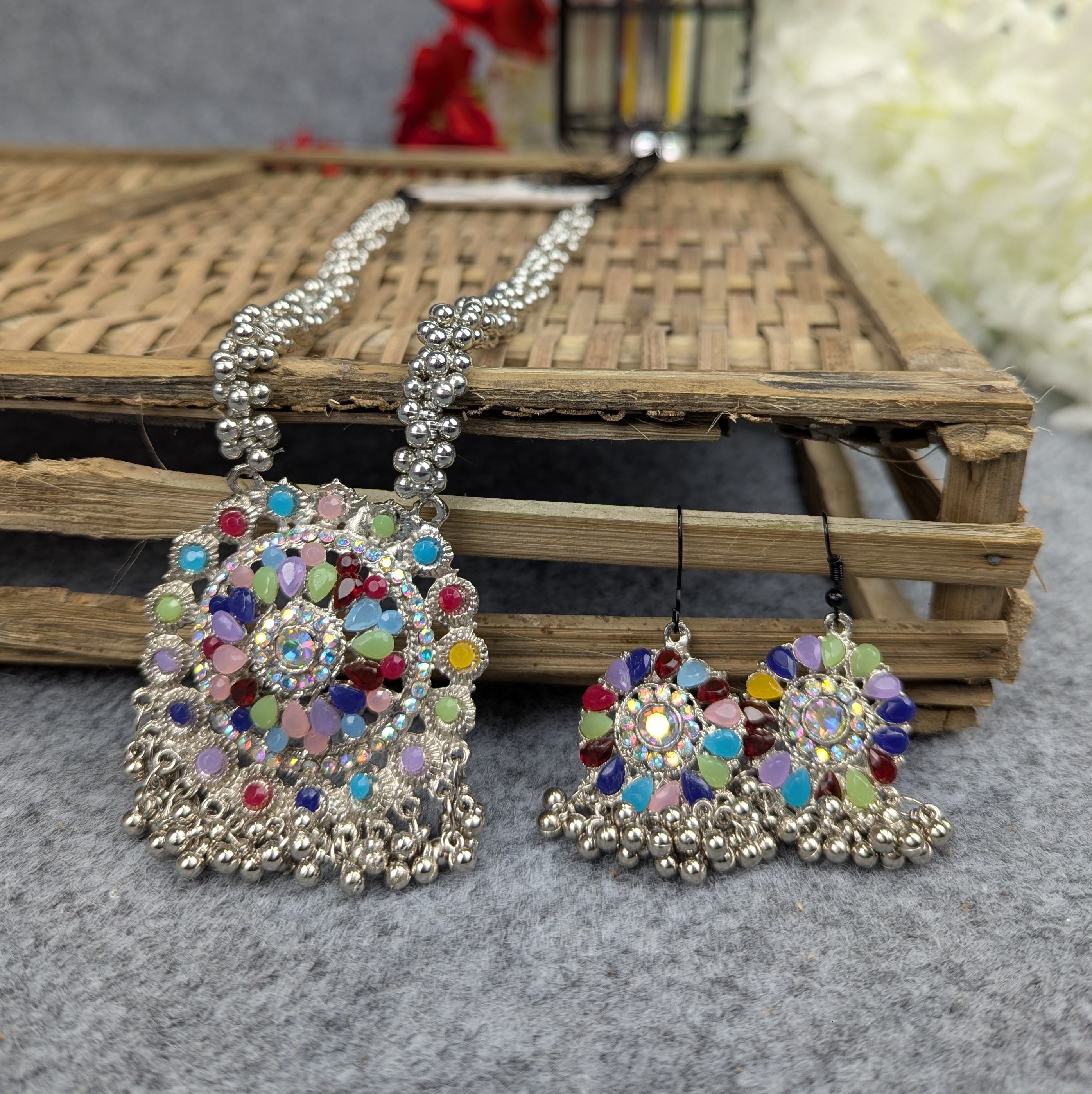 Antique Oxidized Necklace & Earrings Set – (Multiple Colors Available)