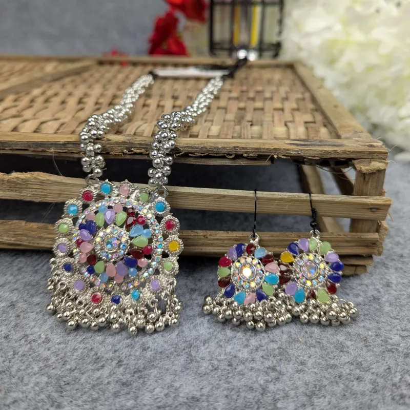 Antique Oxidized Necklace & Earrings Set – (Multiple Colors Available)