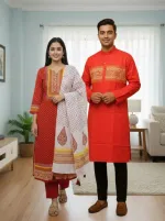 Couple Block Print Three Piece with Dhupian Silk Panjabi, 6 Colours