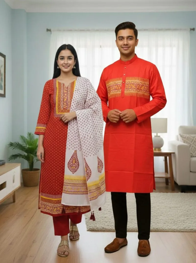 Couple Block Print Three Piece with Dhupian Silk Panjabi, 6 Colours