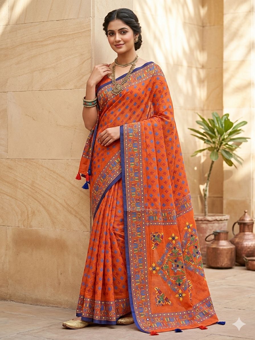 Tangail Silk Screen Print Saree with Tassels, 13.5 Haath