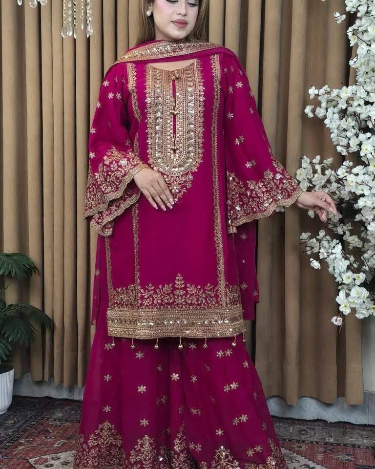 Georgette Heavy Embroidery Gharara Dress with Inner, 4 Colours