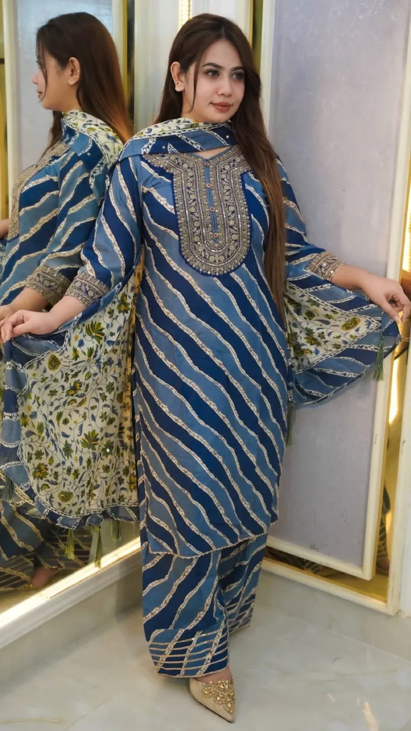 Women's Printed Cotton Three Piece, 5 Haath Orna, L to XXL