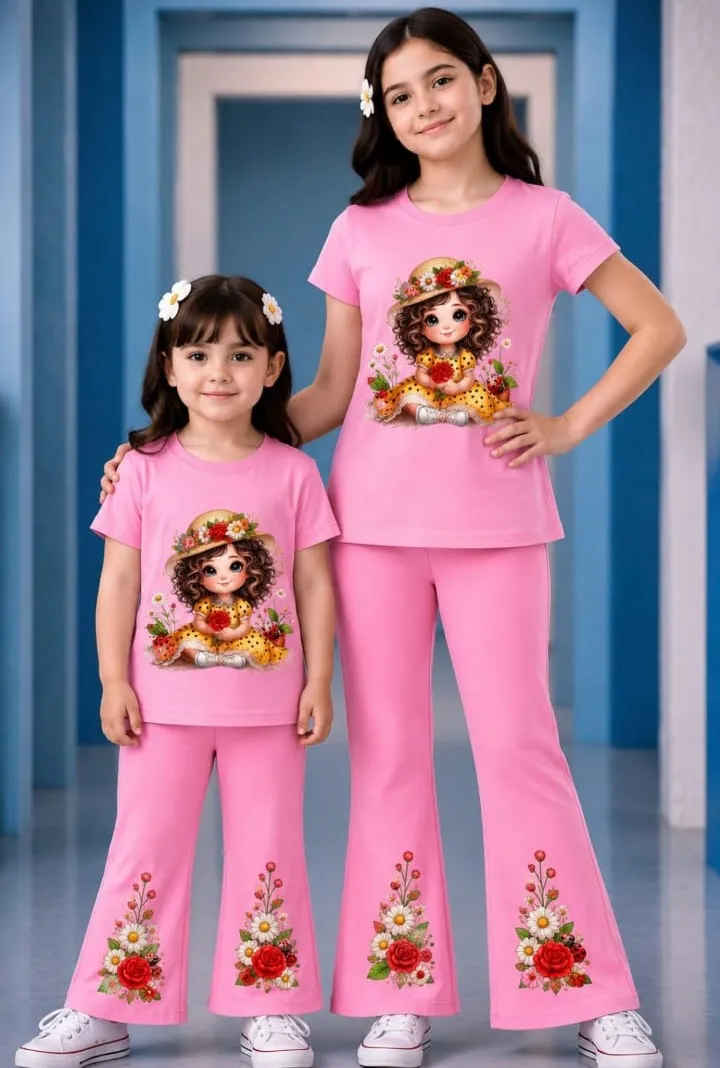 Girls' Printed Cotton Knit T-Shirt and Pant Set, 6 Colours