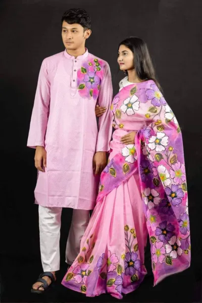 Hand Print Saree and Panjabi Couple Dress, 4 Colour Choices