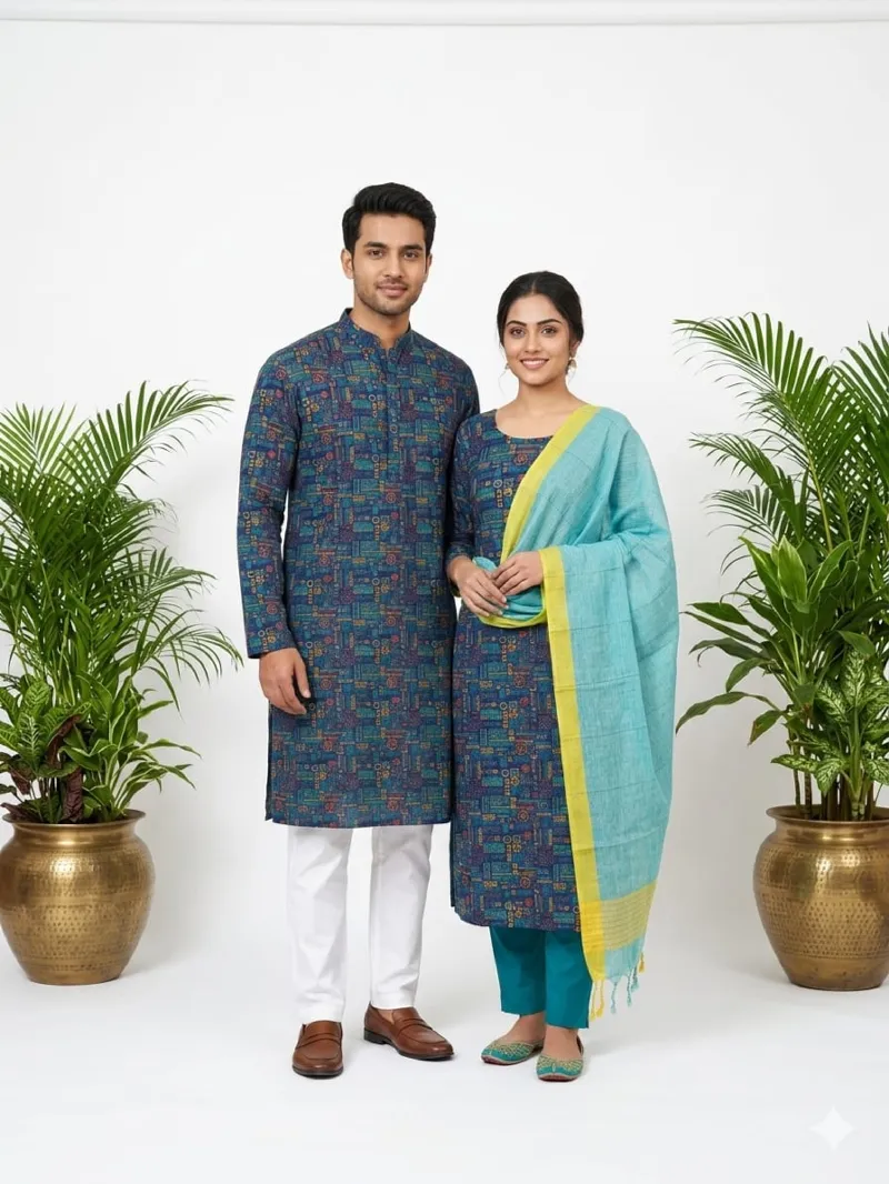 Couple Slub Cotton Three Piece and Panjabi Set, Screen Print