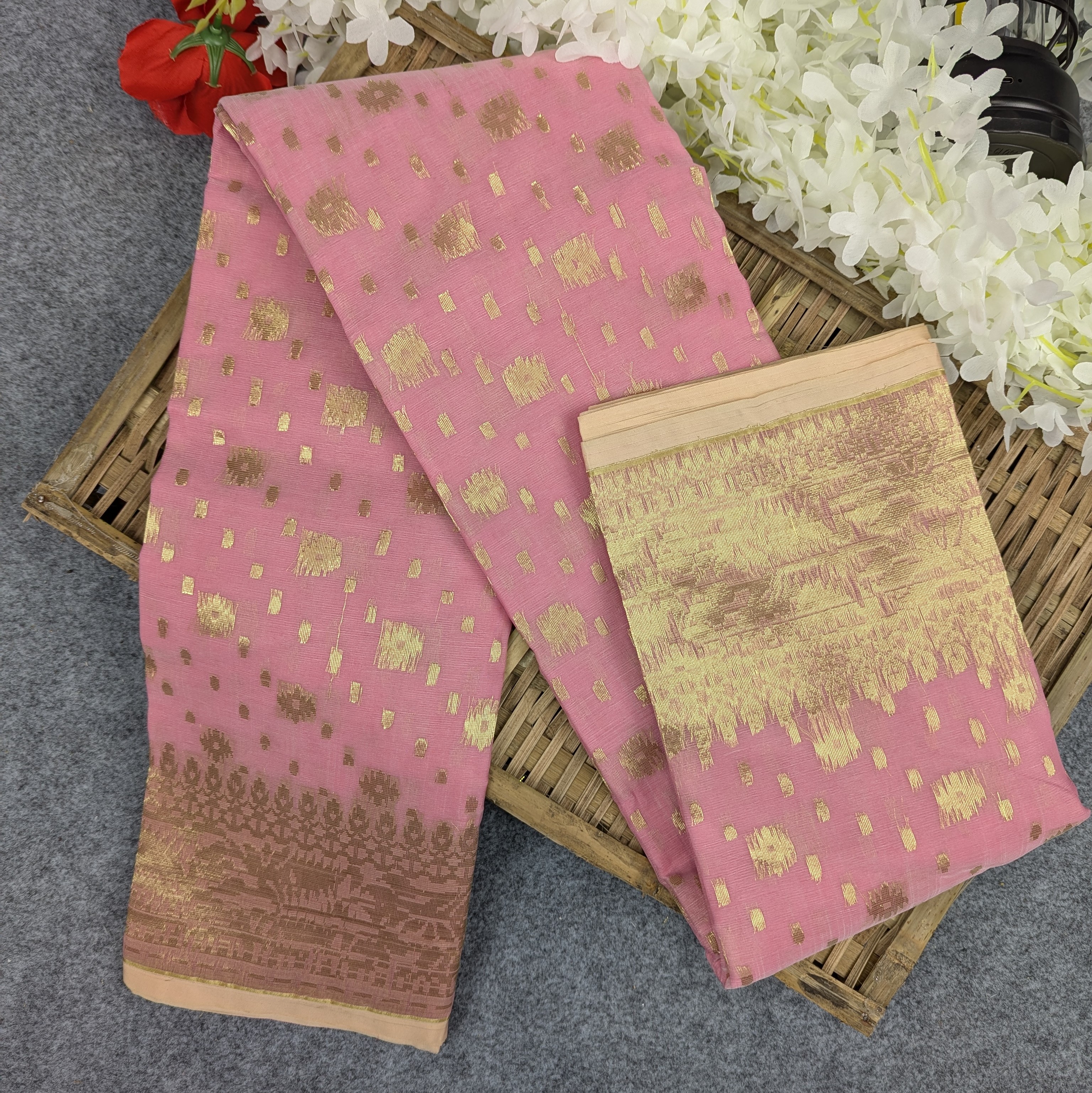 Premium Half Silk Jamdani Saree Combo Set - Pink
