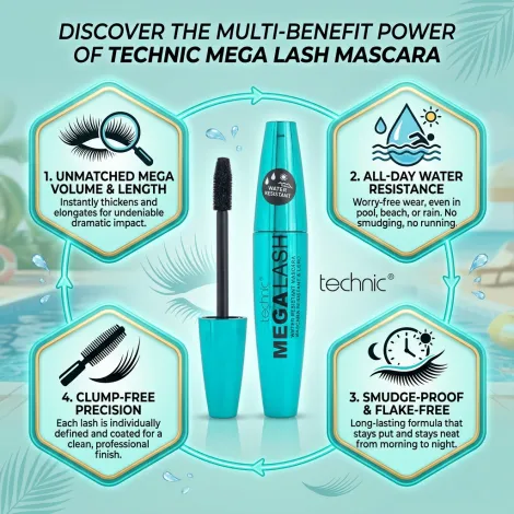 Technic Mega Lash Water Resistant Mascara Black - 12ml (China)