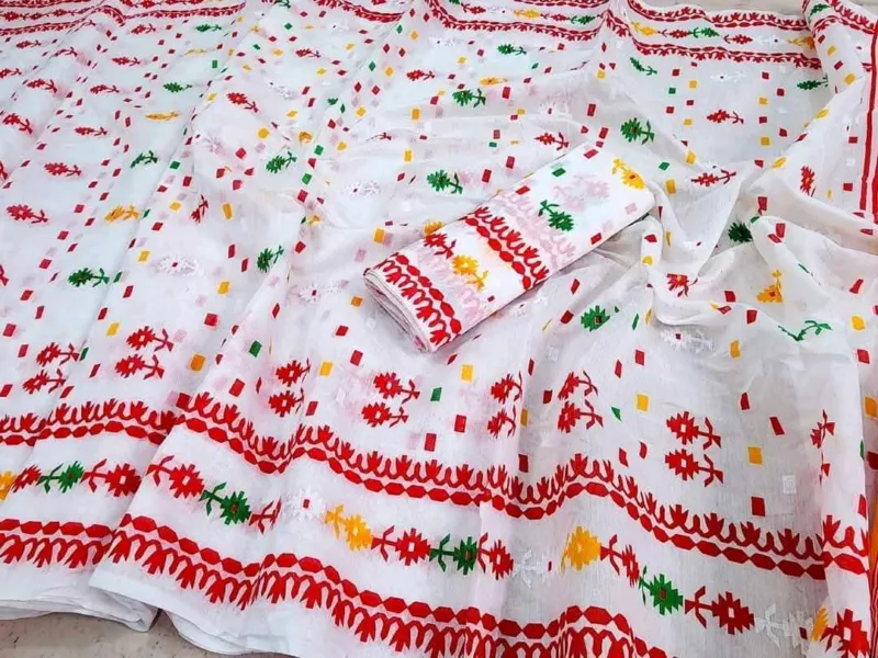 Half Silk Jamdani Print Saree for Puja, 6 Colours