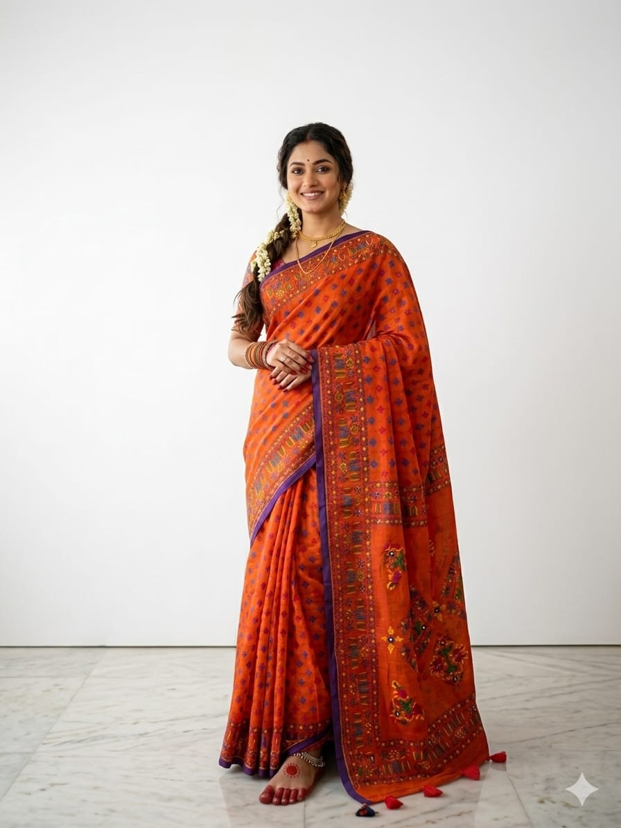 Tangail Silk Screen Print Saree with Tassels, 13.5 Haath