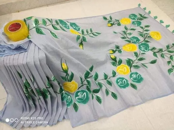 Women's Half Silk Saree with Hand Print Work, 6 Colours