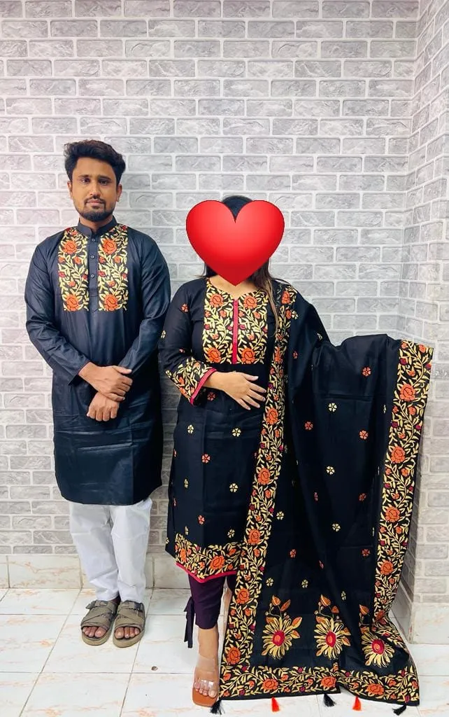 Two Piece and Dhupian Silk Panjabi Couple Set, Block Print