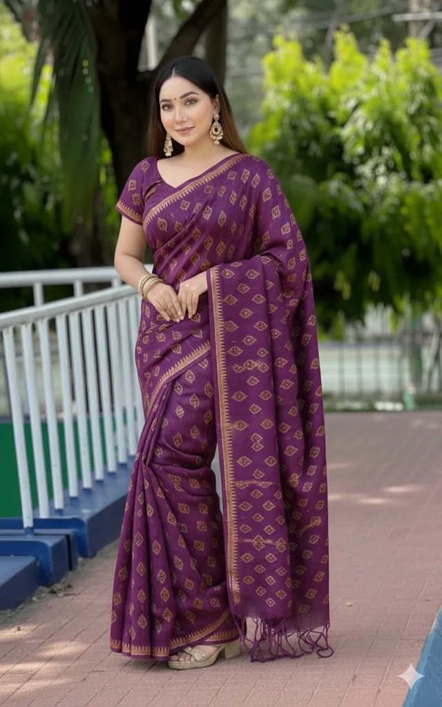 Cotton Suti Saree with Rubber Screen Print, 14 Haath