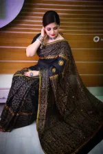 Reshmi Silk Saree with Chunri Block Print and Dollar Work