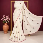 Off-White Cotton Embroidered Saree with Red Scalloped Borders