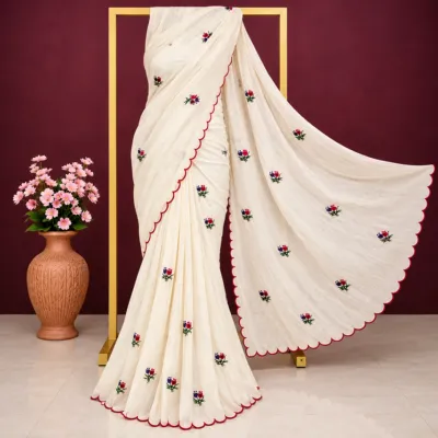 Off-White Cotton Embroidered Saree with Red Scalloped Borders