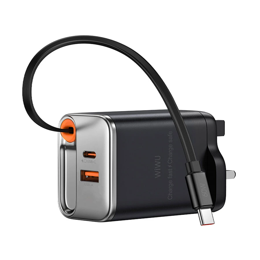 WiWU Wi-G020 67W GaN Charger with Retractable USB-C Cable Black (UK)