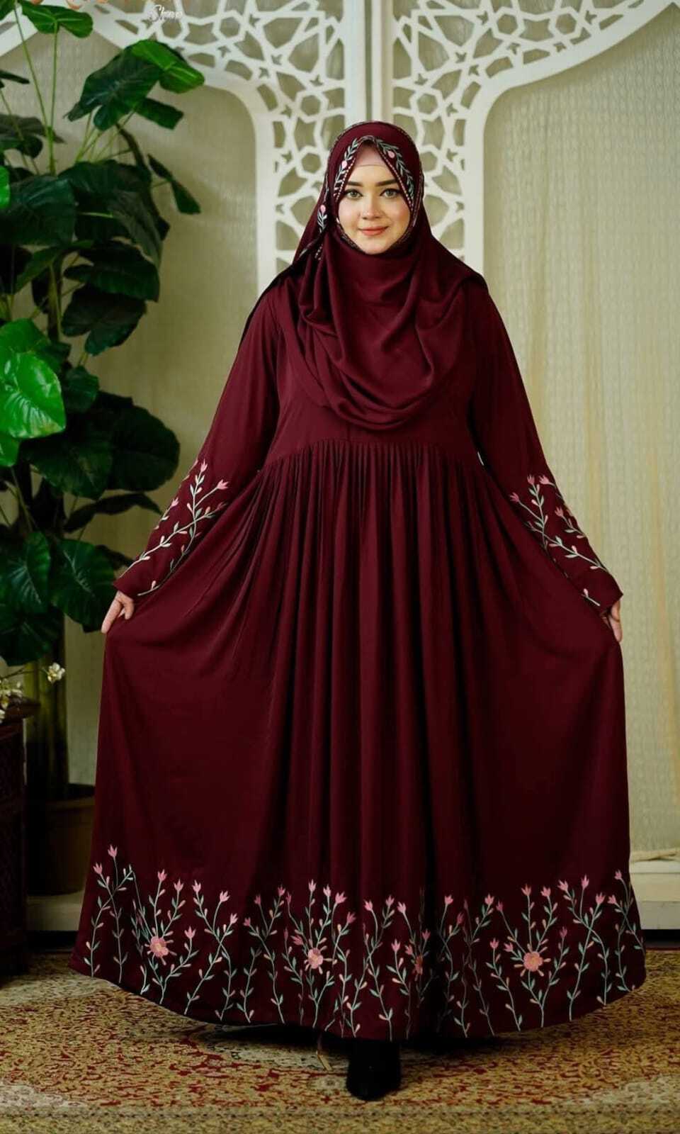Rajanigandha Embroidered Borka with Hijab, Cherry Fabric