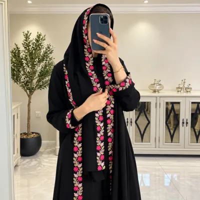 Rose Koti Abaya (02) - 3-Piece Embroidered Set with Inner & Hijab