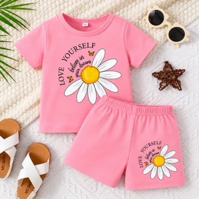 Cute Daisy Flower Printed Baby Girls' T-Shirt & Shorts Set - Pink