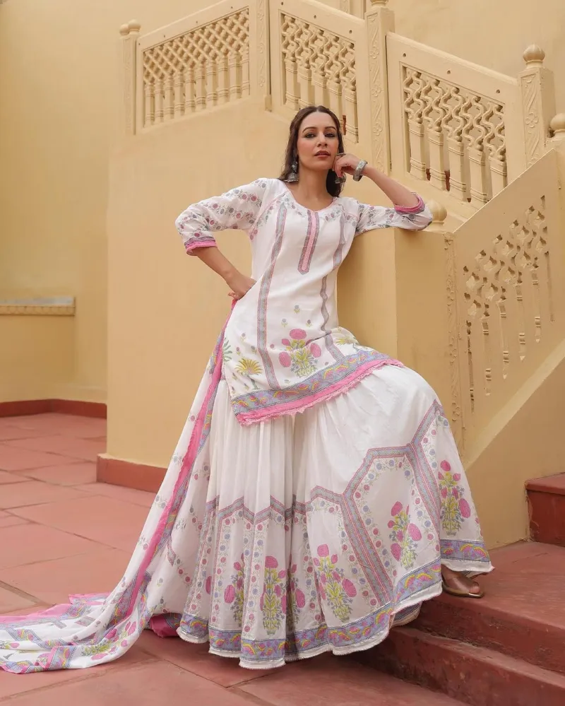 Women's Pure Cotton Sharara Three Piece, Sizes 36 to 46