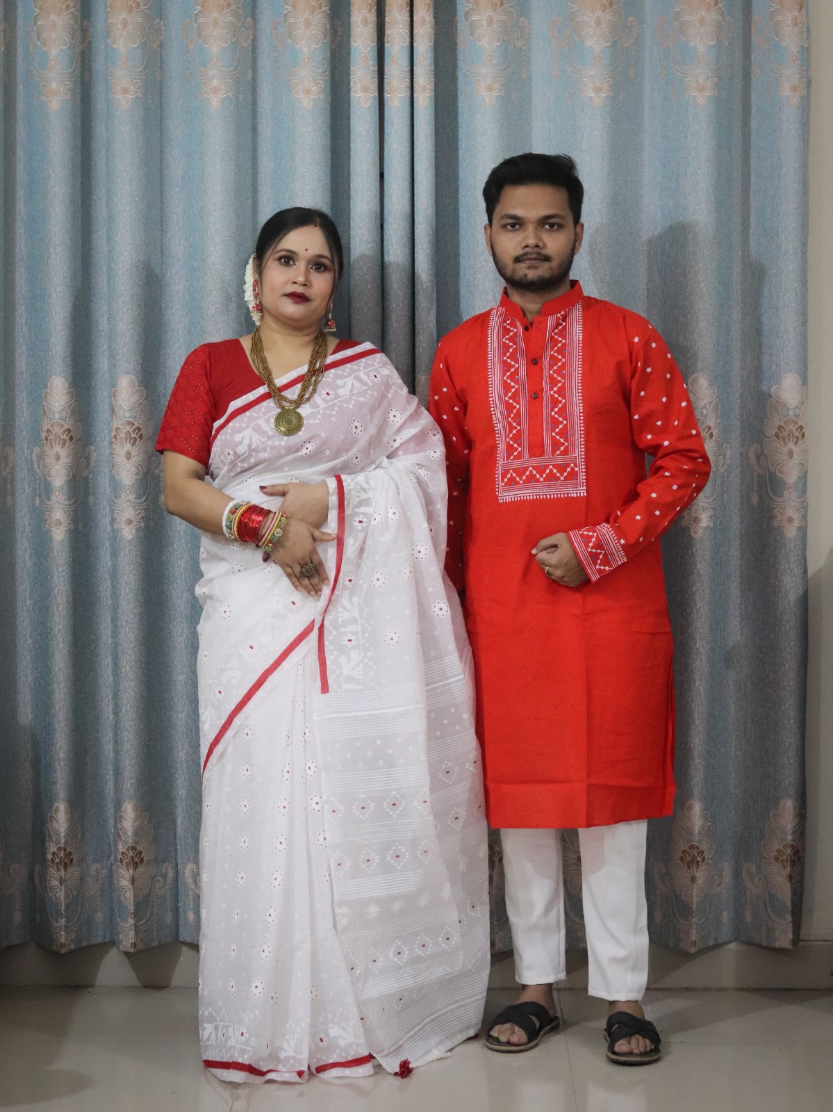 Couple Set of Half Silk Saree and Slub Cotton Panjabi, Sizes 38 to 46