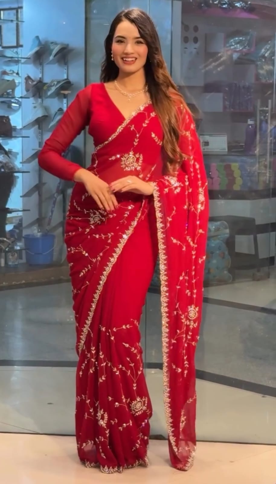 Chinigura Georgette Saree with Sequin and Embroidery Work, 12 Haath