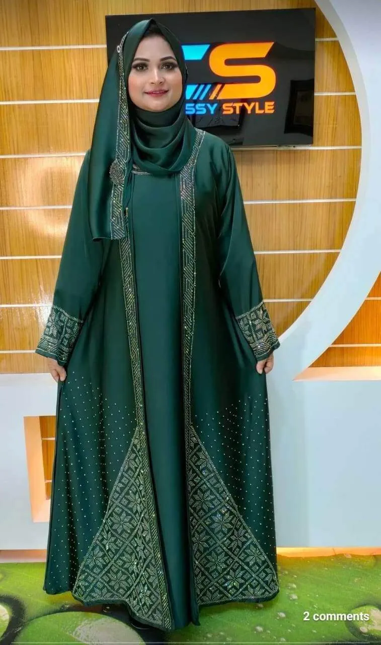 Cherry Fabric Koti Borka Full Set with Stone Work and Hijab