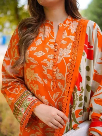 Smooth Micro Stitch Digital Print Three Piece with Lace Work