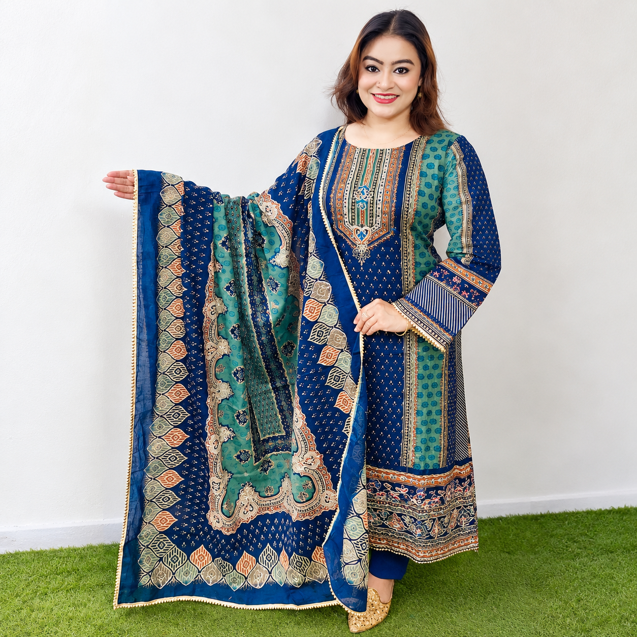 Unstitched Premium Traditional Print Cotton Three-Piece Suit - Navy Blue & Teal