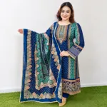 Unstitched Premium Traditional Print Cotton Three-Piece Suit - Navy Blue & Teal