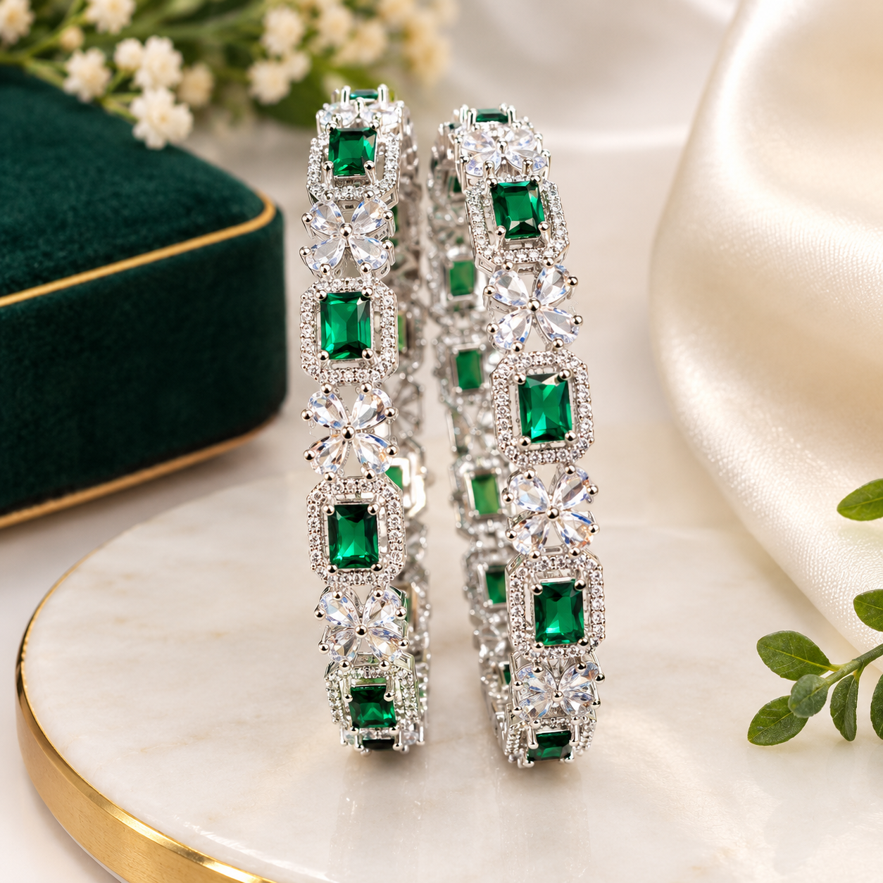 Royal Emerald Green American Diamond-Cut Jewelry Kada/Bangle Set (2 Pieces)