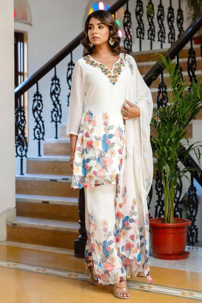 Georgette Western Three Piece with Print and Embroidery