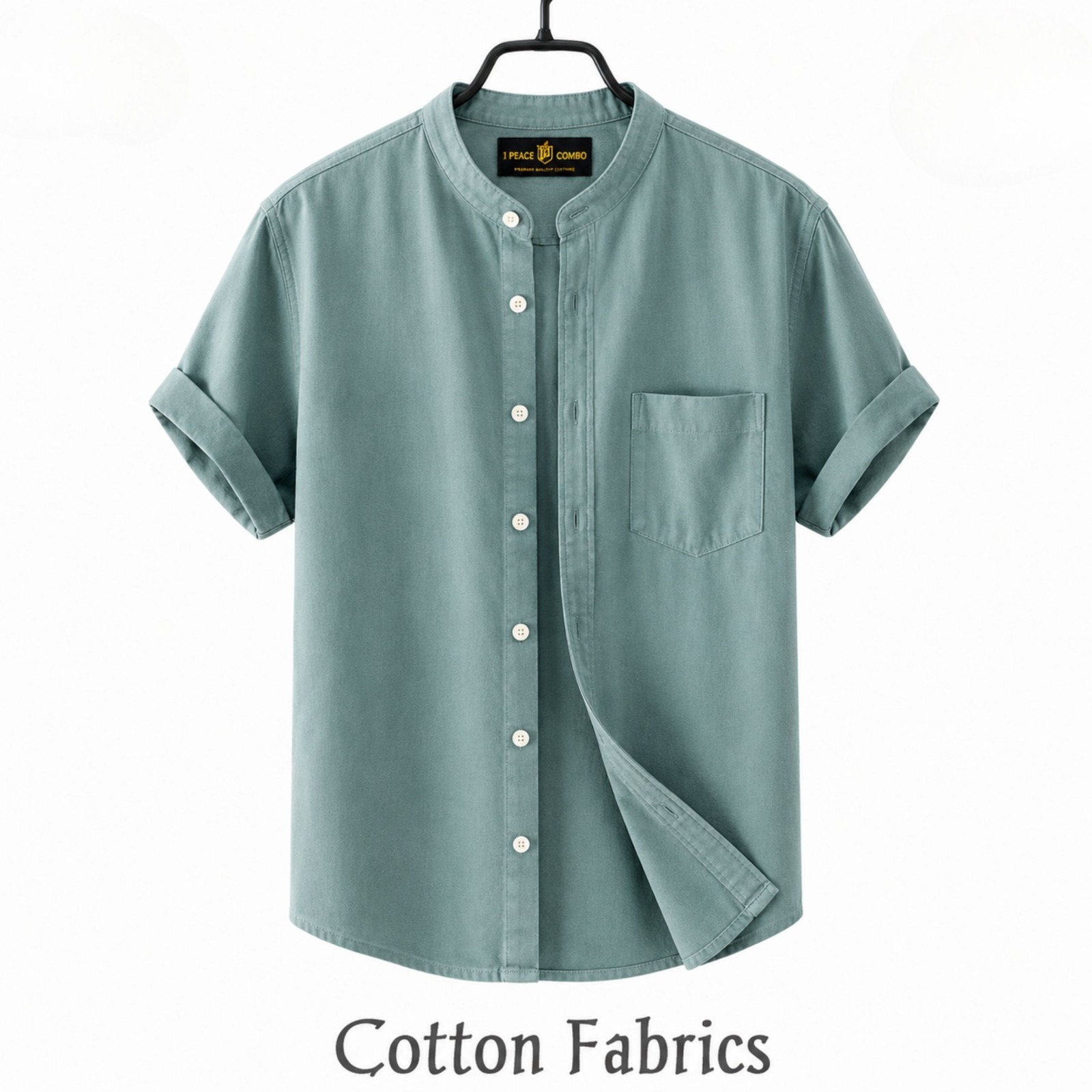 Men's Oxford Cotton Band Collar Half Sleeve Shirt, Slim Fit