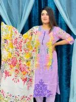 Women's Cotton Watermark Print Three Piece with Embroidery