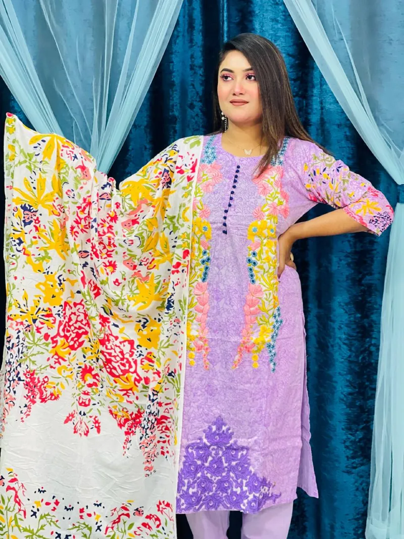 Women's Cotton Watermark Print Three Piece with Embroidery
