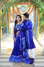 Screen Print Dhupian Silk Saree and Panjabi for Couples, 12 Haath