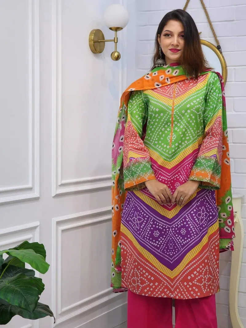 Women's Cotton Three Piece with Butter Silk Salwar, 3 Colours