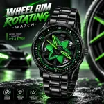 360° Rotating Car Wheel Rim Quartz Watch – Matte Black Metal Sports Wristwatch