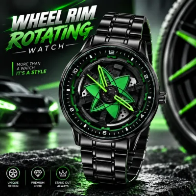 360° Rotating Car Wheel Rim Quartz Watch – Matte Black Metal Sports Wristwatch