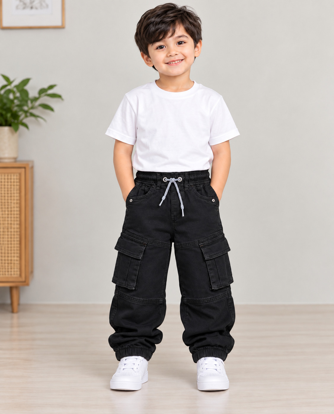 Boys' Six Pocket Cotton Denim Baggy Joggers, 2 to 12 Years