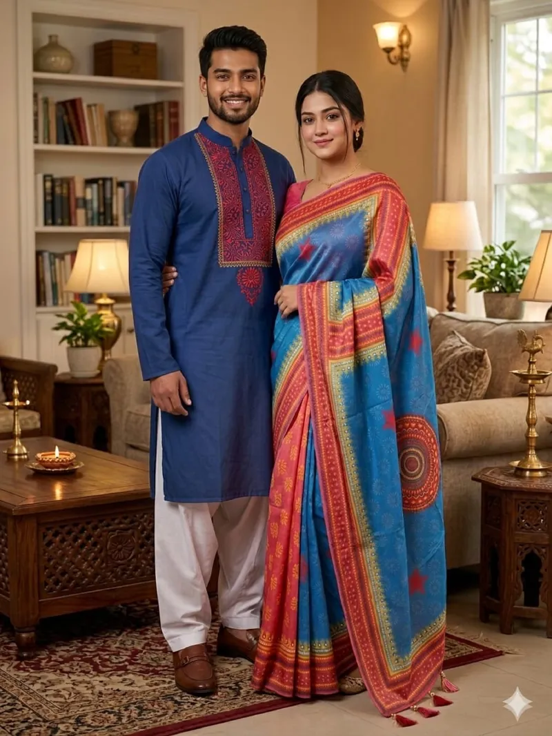 Boishakh Couple Saree and Panjabi Set, Half Cotton and Dhupian Silk