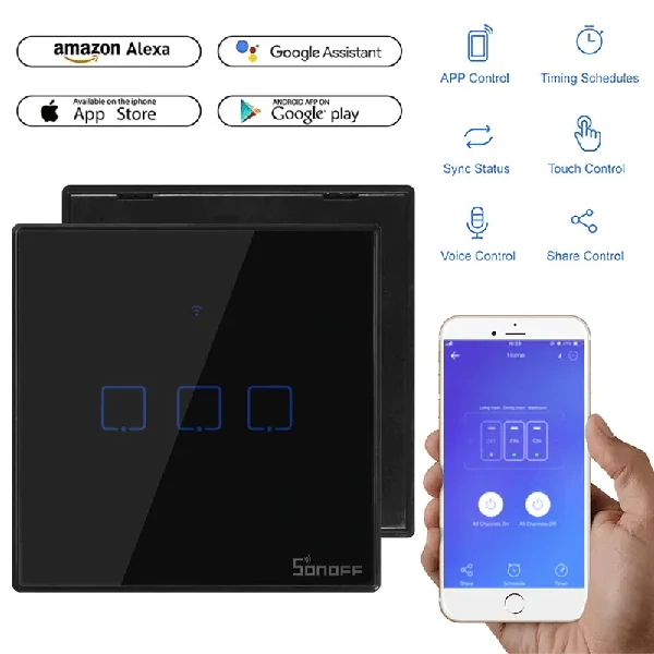 SONOFF WiFi Smart Wall Touch Switch T3 UK 3 Gang- Compatible With Alexa, Google Assistant – Black Color